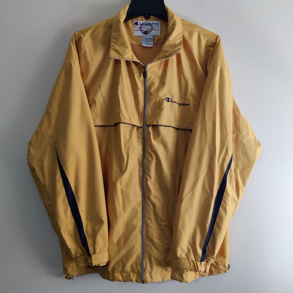 Vintage Champion Windbreaker Jacket Mens L Yellow Navy Lightweight Full Zip Vent
